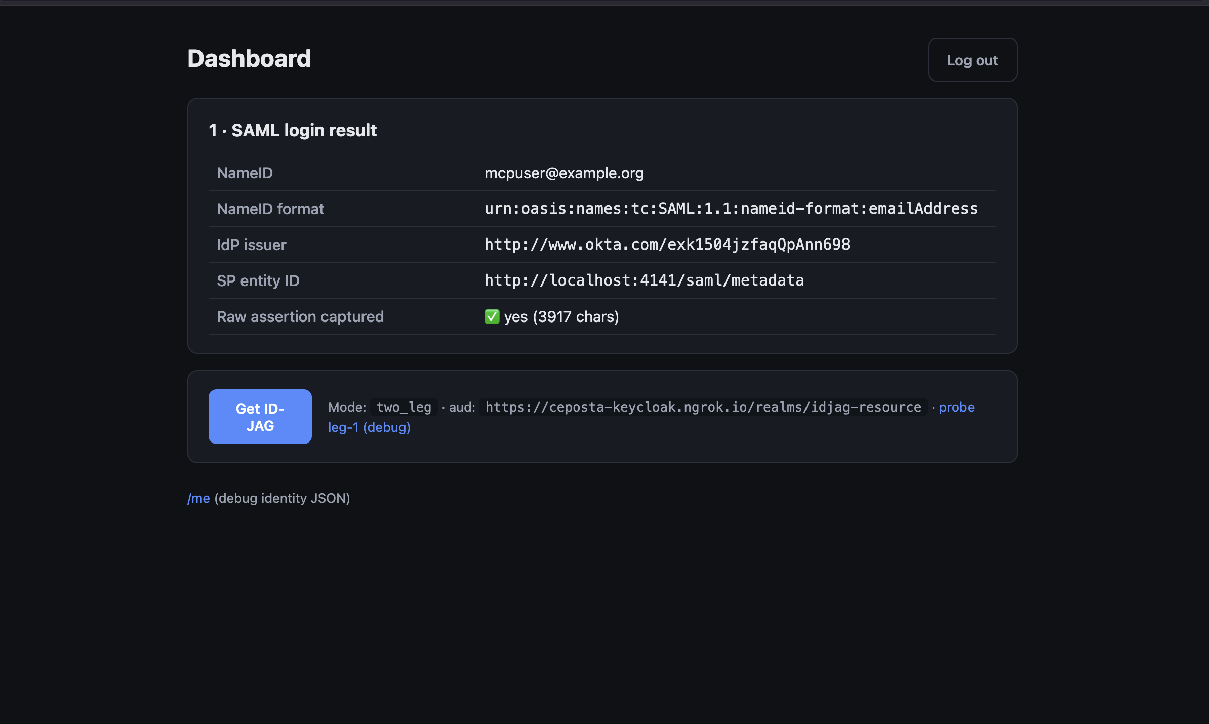 Demo app dashboard after SAML login