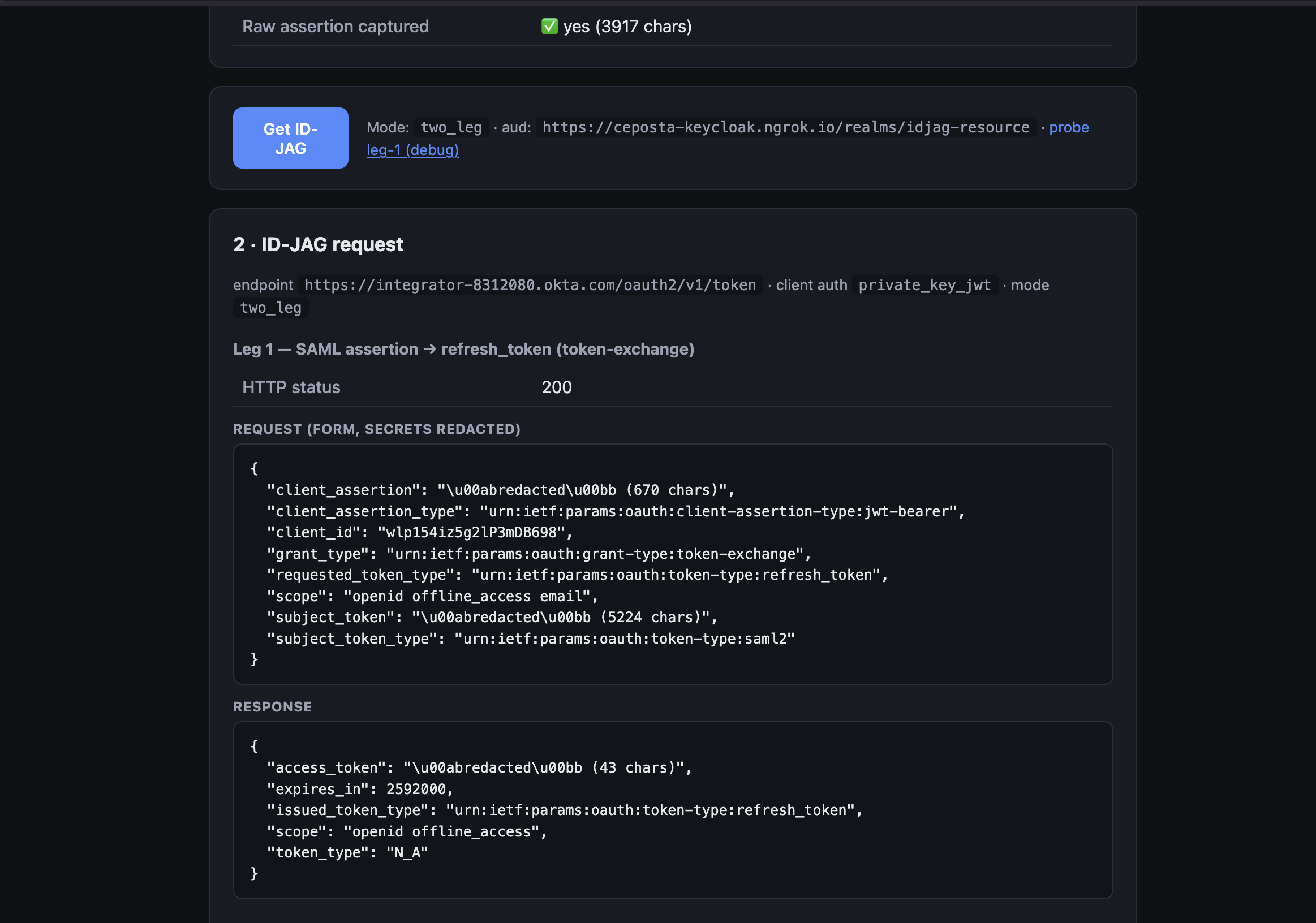 Leg 1: SAML assertion exchanged for refresh token
