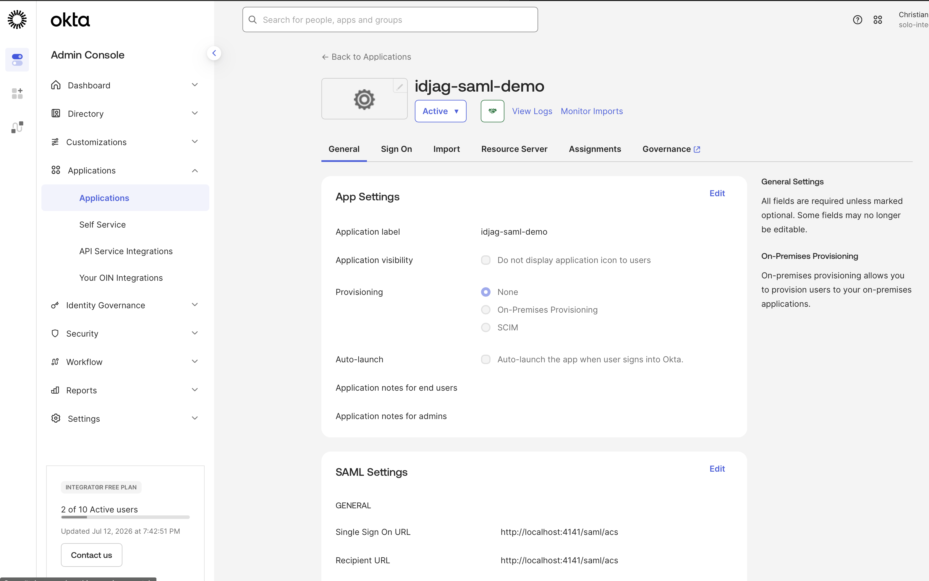 Okta SAML app settings